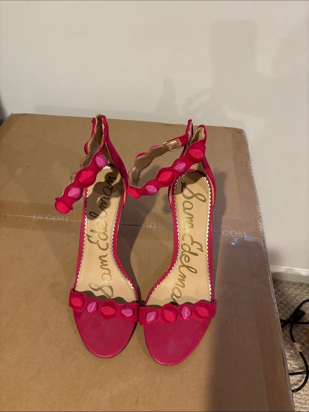 Sam Edelman Hot Pink Scalloped Pom Detail Ankle Strap Heels